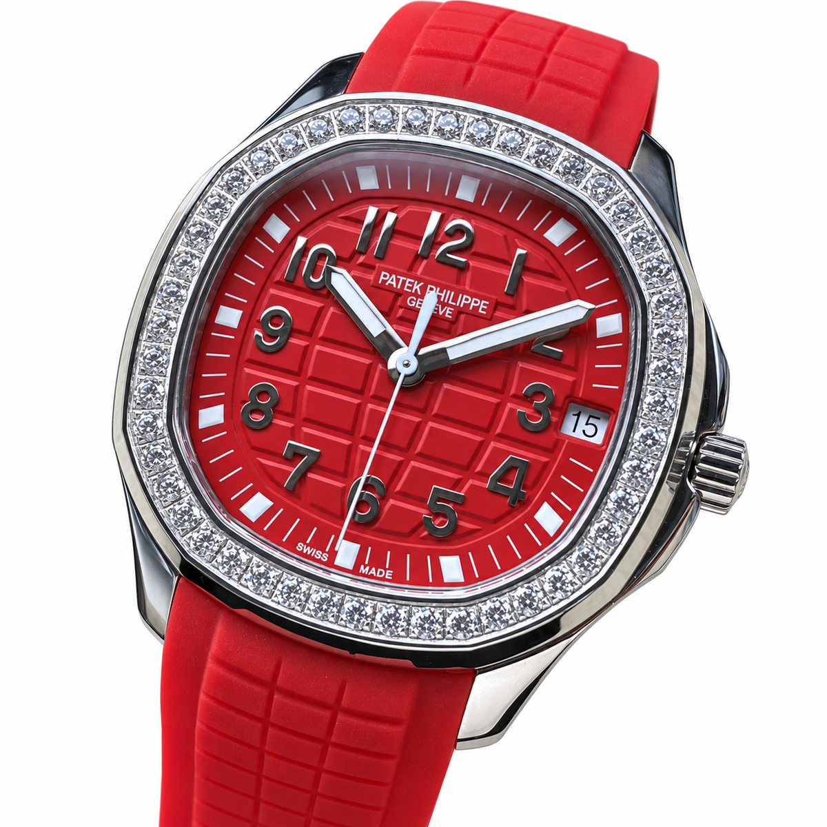 Patek Philippe Aquanaut Luce Steel Diamond Bezel Red Dial Red Rubber Strap Date 39.9mm
