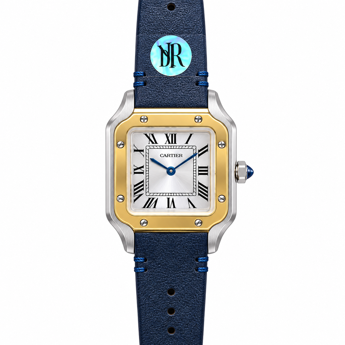Cartier Santos de Cartier Large Stainless Steel & Yellow Gold Two-Tone White Dial Roman Numeral Blue Leather Strap Automatic Watch