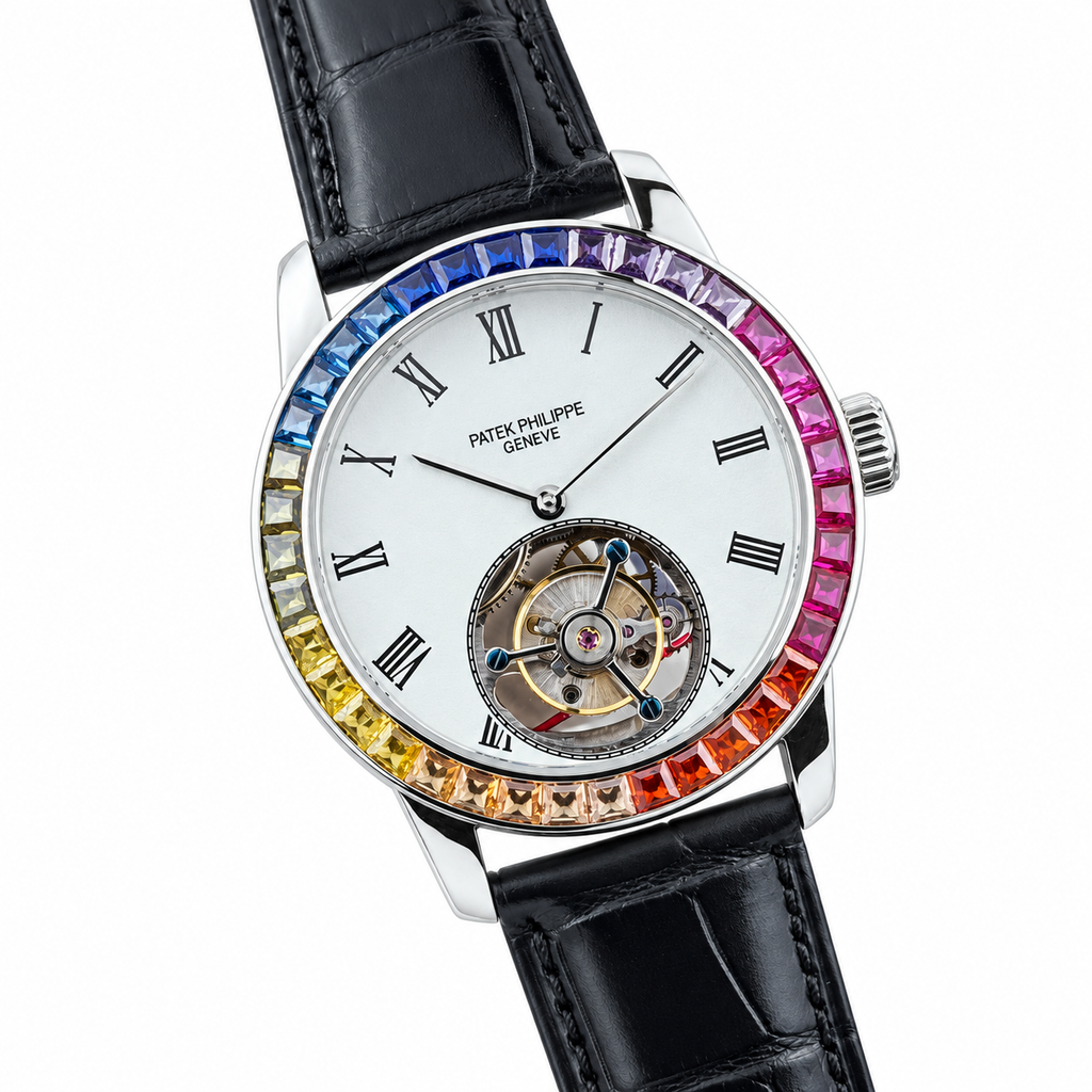 Patek Philippe Calatrava Tourbillon Rainbow Sapphire White Enamel Dial 42mm