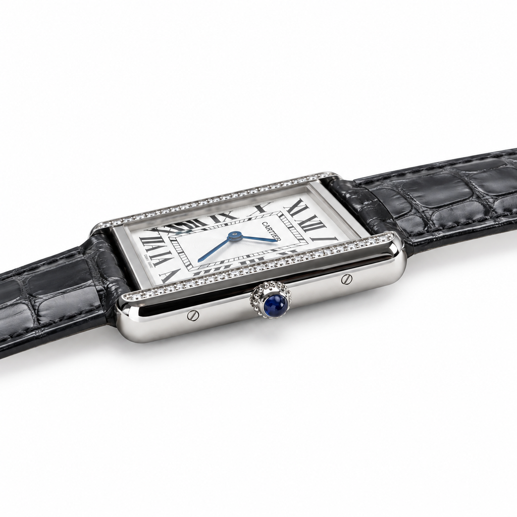 Cartier Tank Solo Large Stainless Steel Diamond Bezel White Dial Black Alligator Strap Watch