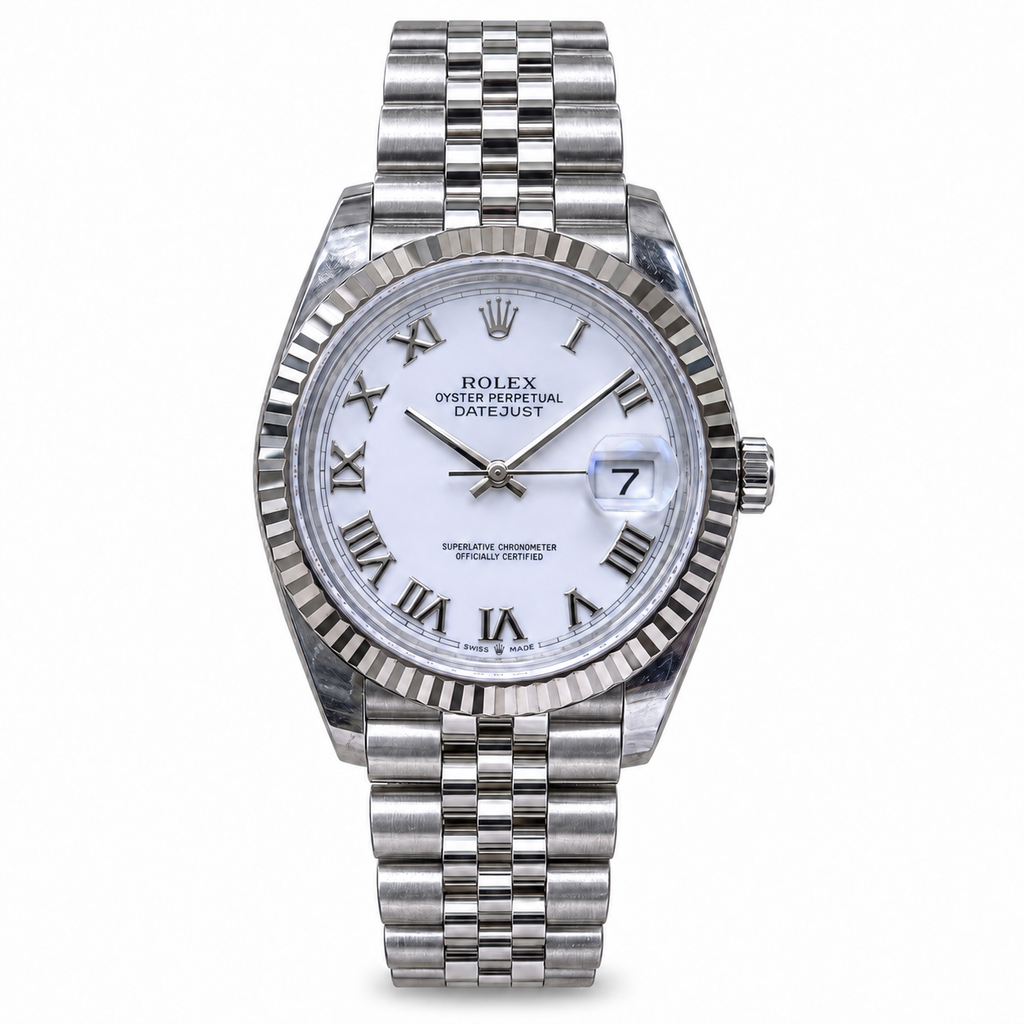 Rolex Datejust 41mm White Roman Dial Fluted Bezel Jubilee Bracelet Oystersteel