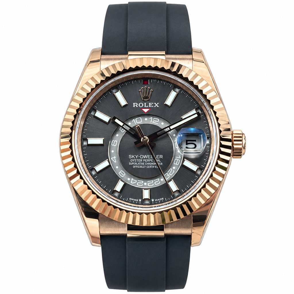 Rolex Sky-Dweller Everose Gold Fluted Bezel Slate Dial Oysterflex Watch
