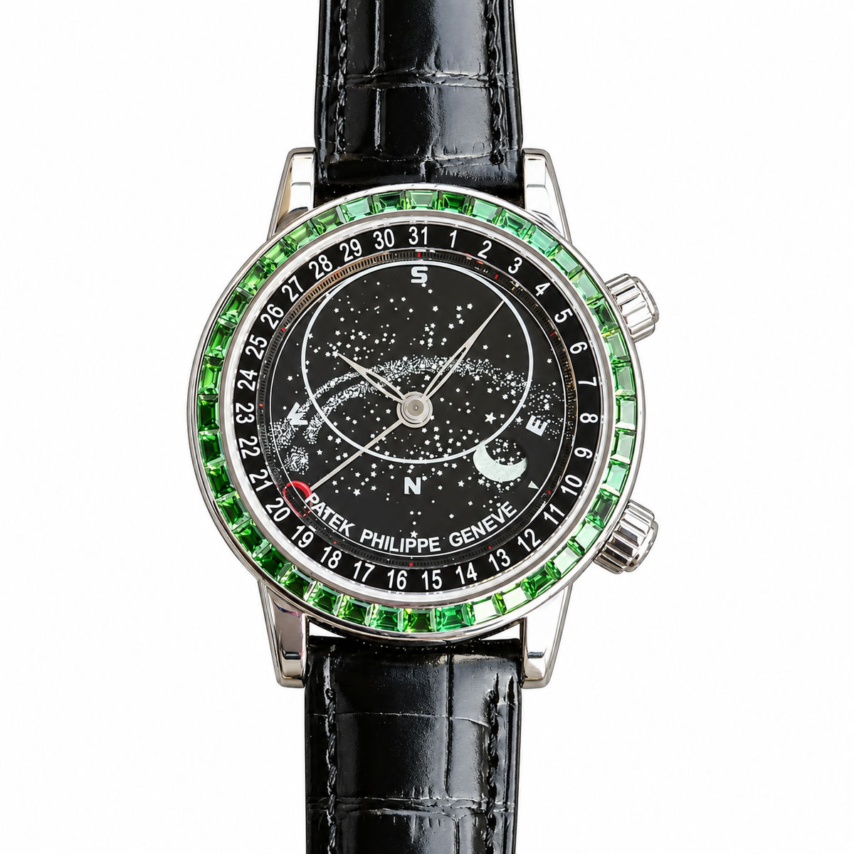 Patek Philippe Celestial White Gold Emerald Bezel Black Star Dial Moon Phase 44mm