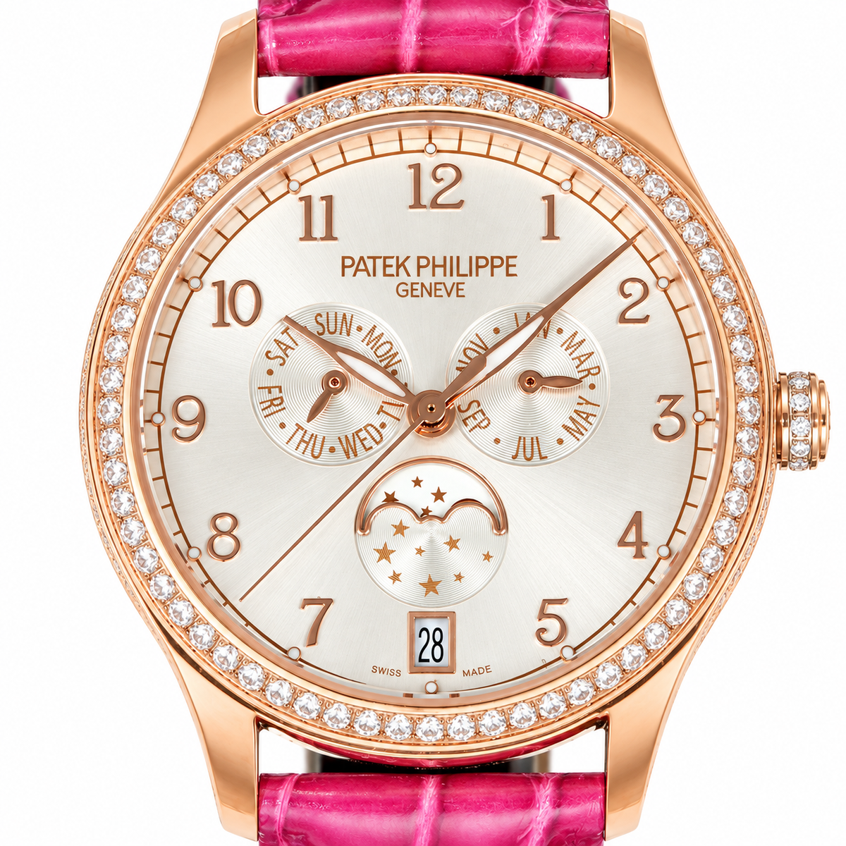 Patek Philippe Ladies Rose Gold Diamond Bezel Annual Calendar Moon Phase 38mm