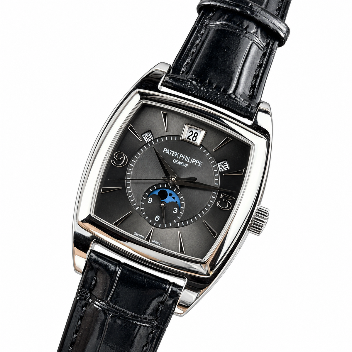 Patek Philippe Gondolo Calendario White Gold TV-Shaped Slate Grey Clous de Paris Dial Annual Calendar Moon Phase Small Seconds Black Strap 34mm