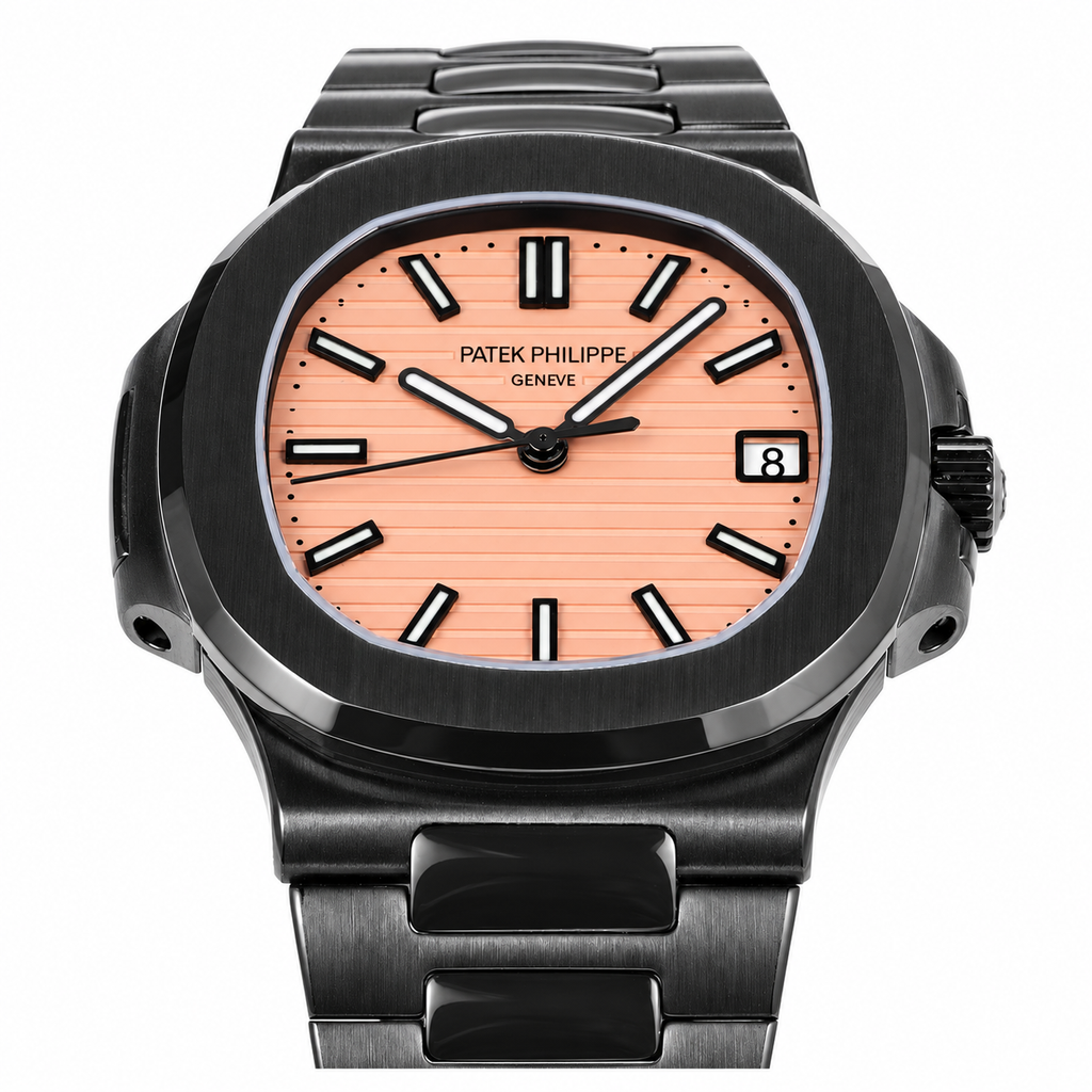 Patek Philippe Nautilus Custom DLC Black Salmon Pink Dial Steel Bracelet Date 40mm