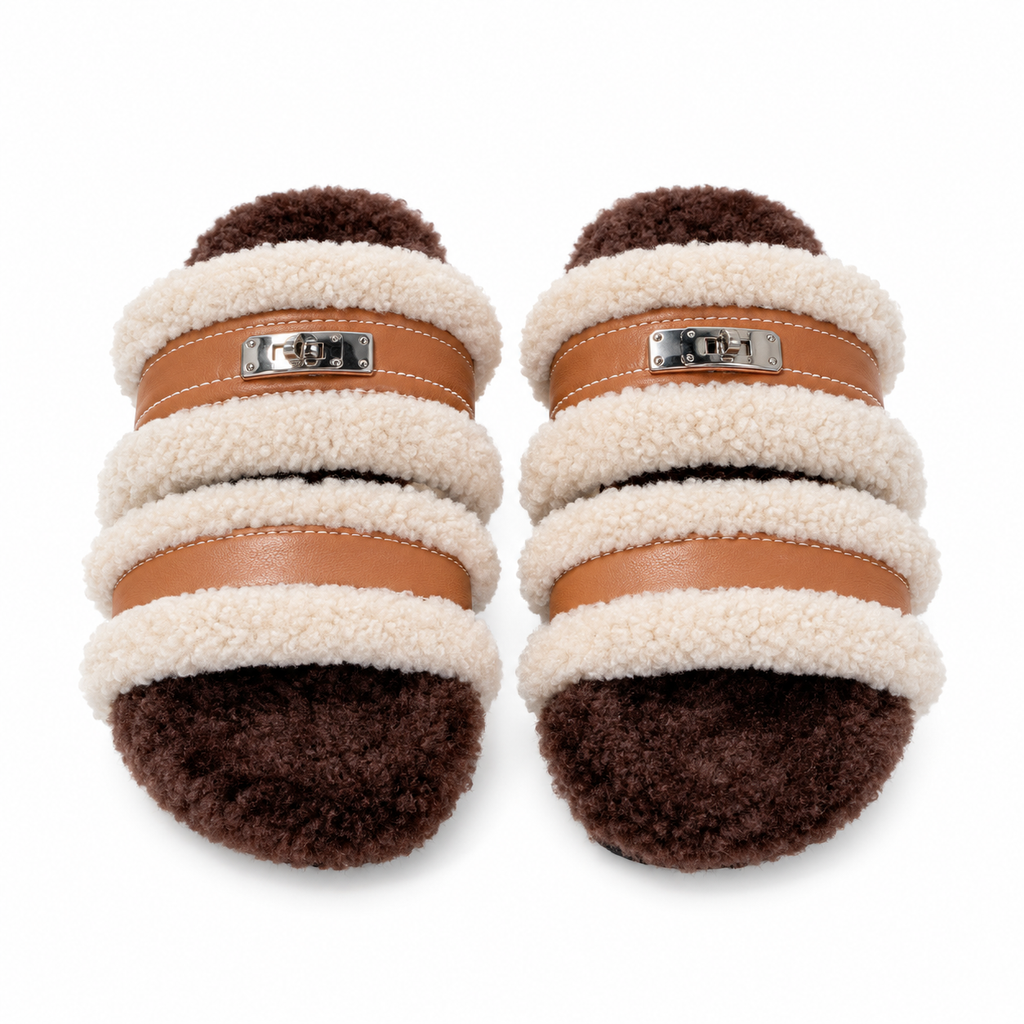 Hermès Cream Plush Slide Sandals with Tan Double Straps