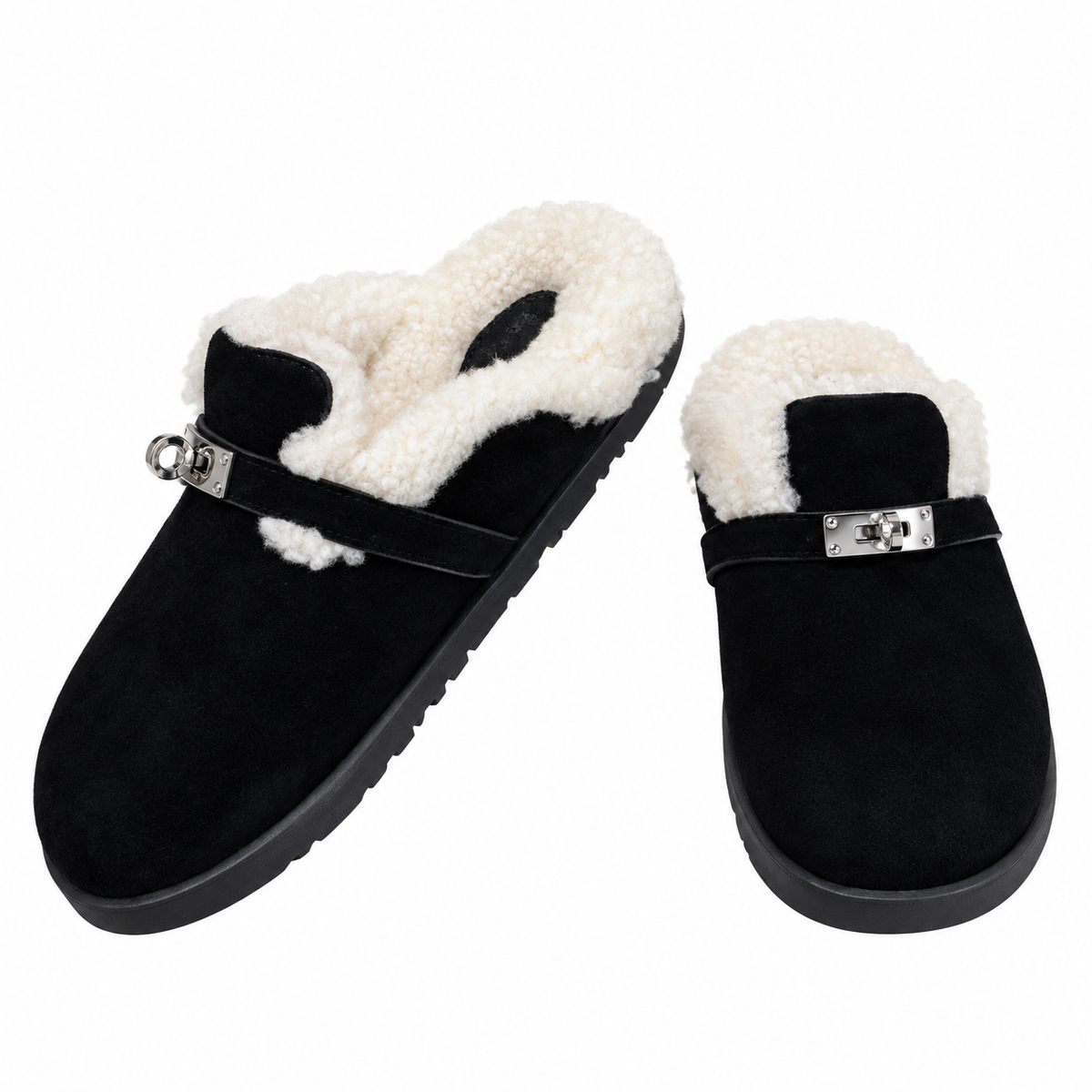 Hermès Black Mule Shoes with Cream Plush Lining