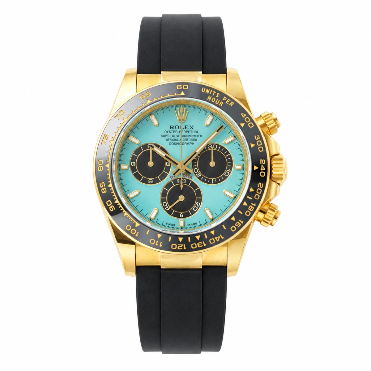 Rolex Cosmograph Daytona Yellow Gold Black Ceramic Bezel Tiffany Blue Dial Oysterflex Watch