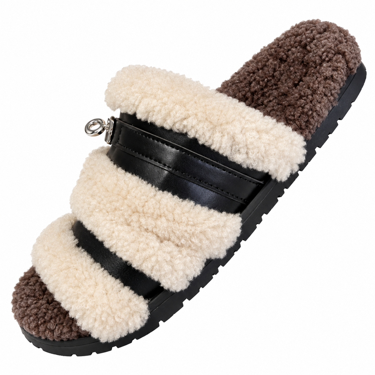Hermès Black Double-Strap Slides with Cream Plush Trim
