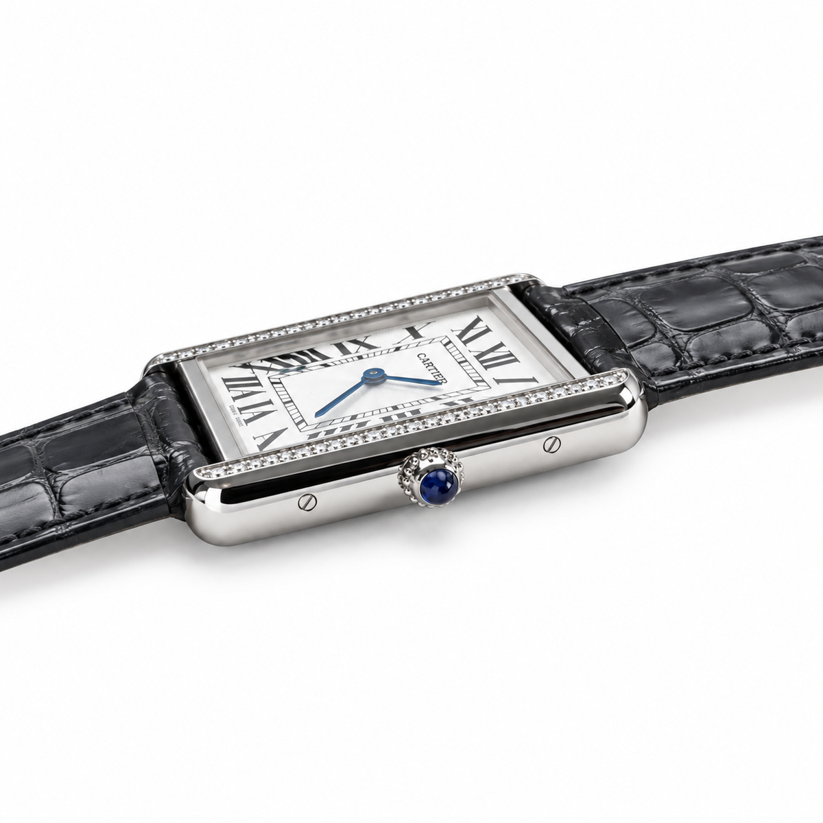Cartier Tank Solo Small Stainless Steel Diamond Bezel White Dial Grey Alligator Strap Watch
