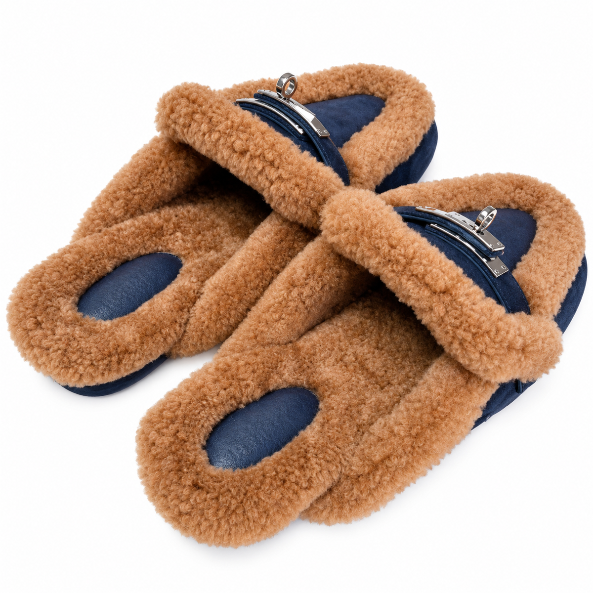 Hermès Navy Mules with Plush Trim & Silver-Tone Hardware