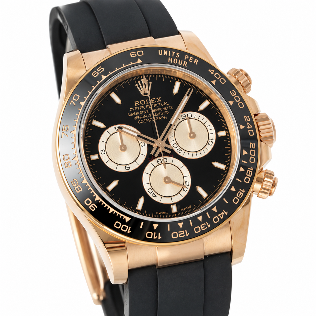Rolex Cosmograph Daytona Rose Gold Black Ceramic Bezel Black Diamond Dial Oysterflex Watch