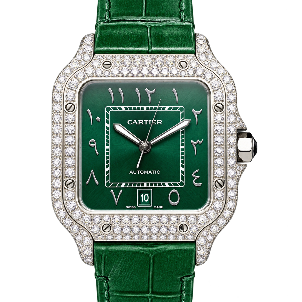 Cartier Santos de Cartier Medium 18k White Gold Full Diamond Bezel Green Dial Arabic Numeral Green Alligator Strap Automatic Watch