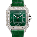 Cartier Santos de Cartier Medium 18k White Gold Full Diamond Bezel Green Dial Arabic Numeral Green Alligator Strap Automatic Watch