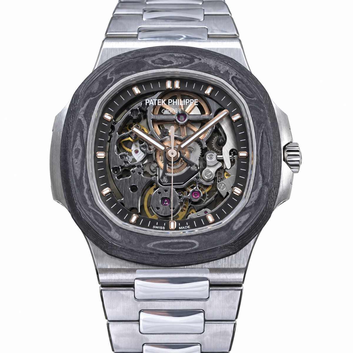 Patek Philippe Nautilus DiW Skeleton Forged Carbon Bezel Steel Bracelet