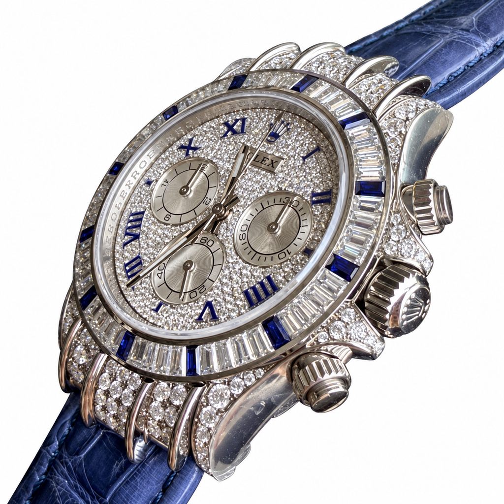 Rolex Cosmograph Daytona White Gold Diamond Pavé Blue Sapphire Bezel Blue Alligator Watch