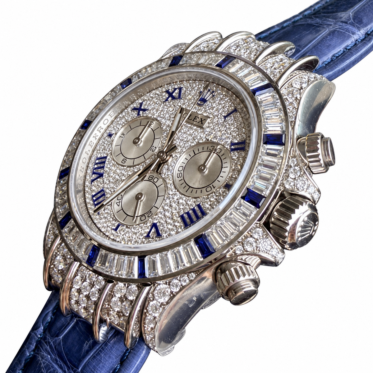 Rolex Cosmograph Daytona White Gold Diamond Pavé Blue Sapphire Bezel Blue Alligator Watch