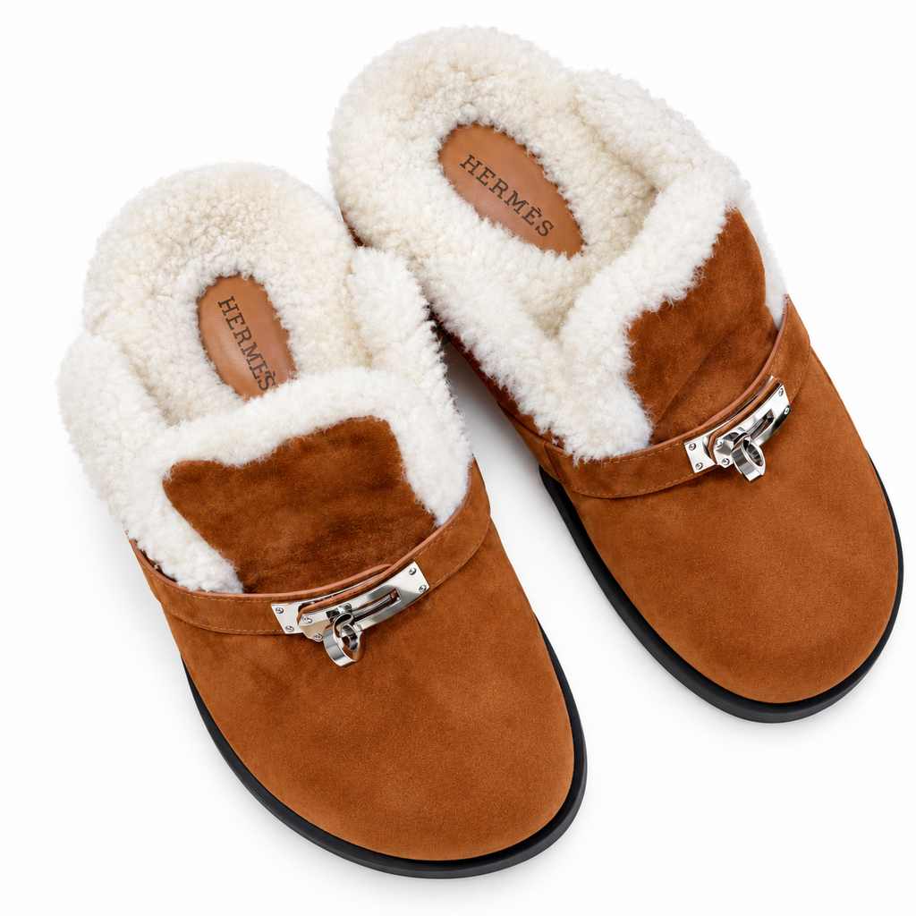 Hermès Tan Mule Shoes with Cream Plush Lining