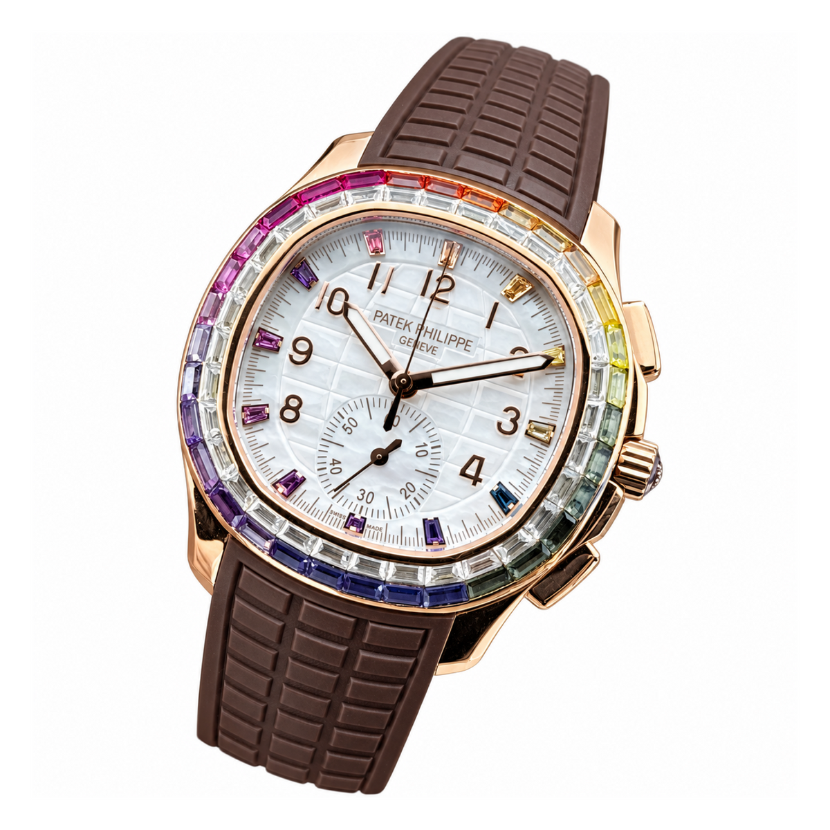 Patek Philippe Aquanaut Chronograph Rose Gold Rainbow Sapphire White MOP Brown Strap 39.9mm