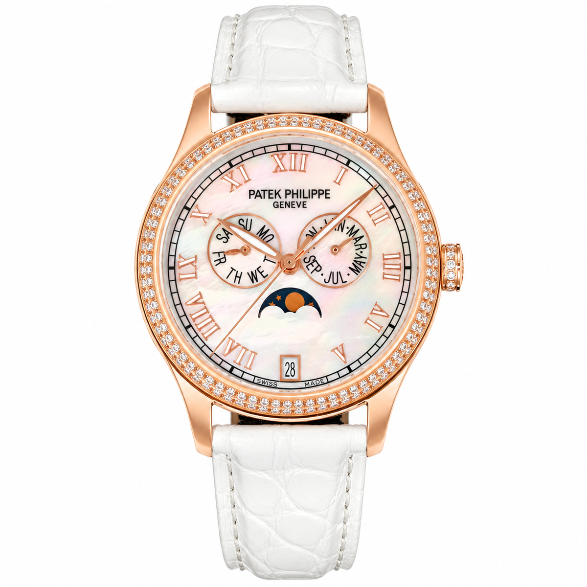Patek Philippe Ladies Rose Gold Diamond Bezel Annual Calendar Moon Phase MOP Dial White Strap 38mm