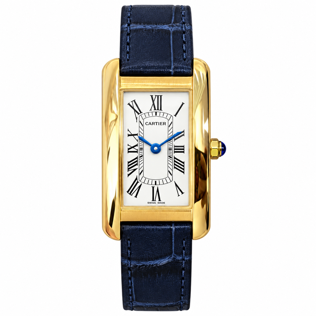 Cartier Tank Must Yellow Gold White Dial Navy Blue Alligator Strap Watch