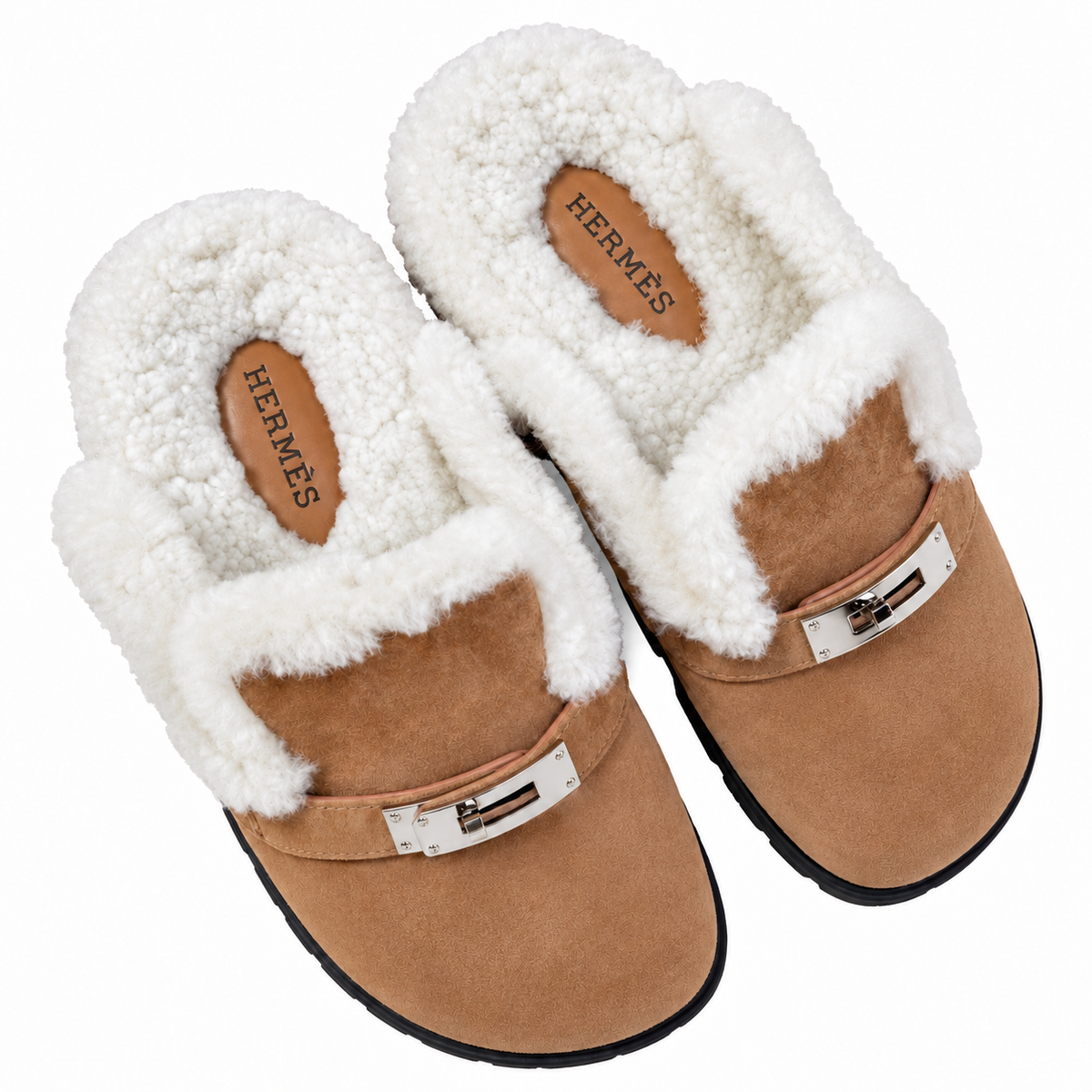 Hermès Camel Mule Shoes with Cream Plush Trim