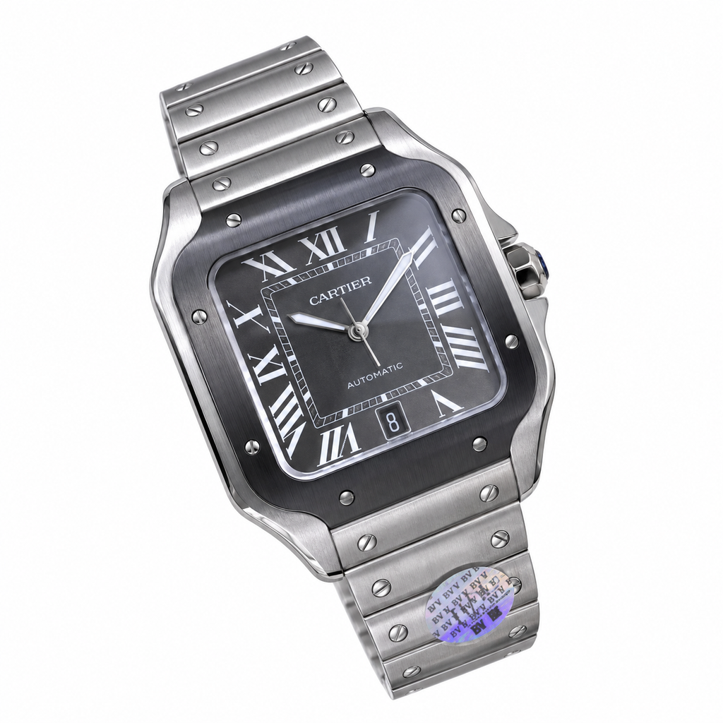 Cartier Santos de Cartier Large Stainless Steel Grey Dial Roman Numeral Steel Bracelet Automatic Watch