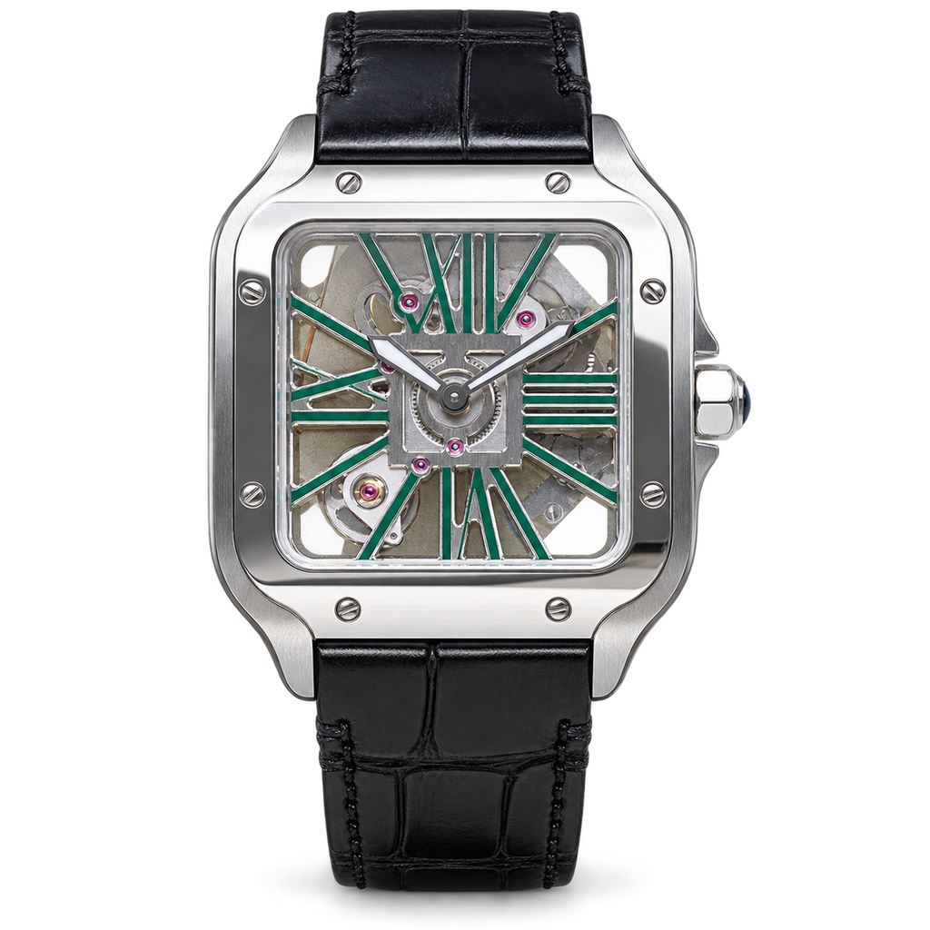 Cartier Santos de Cartier Large Stainless Steel Skeleton Green Roman Numeral Black Alligator Strap Automatic Watch