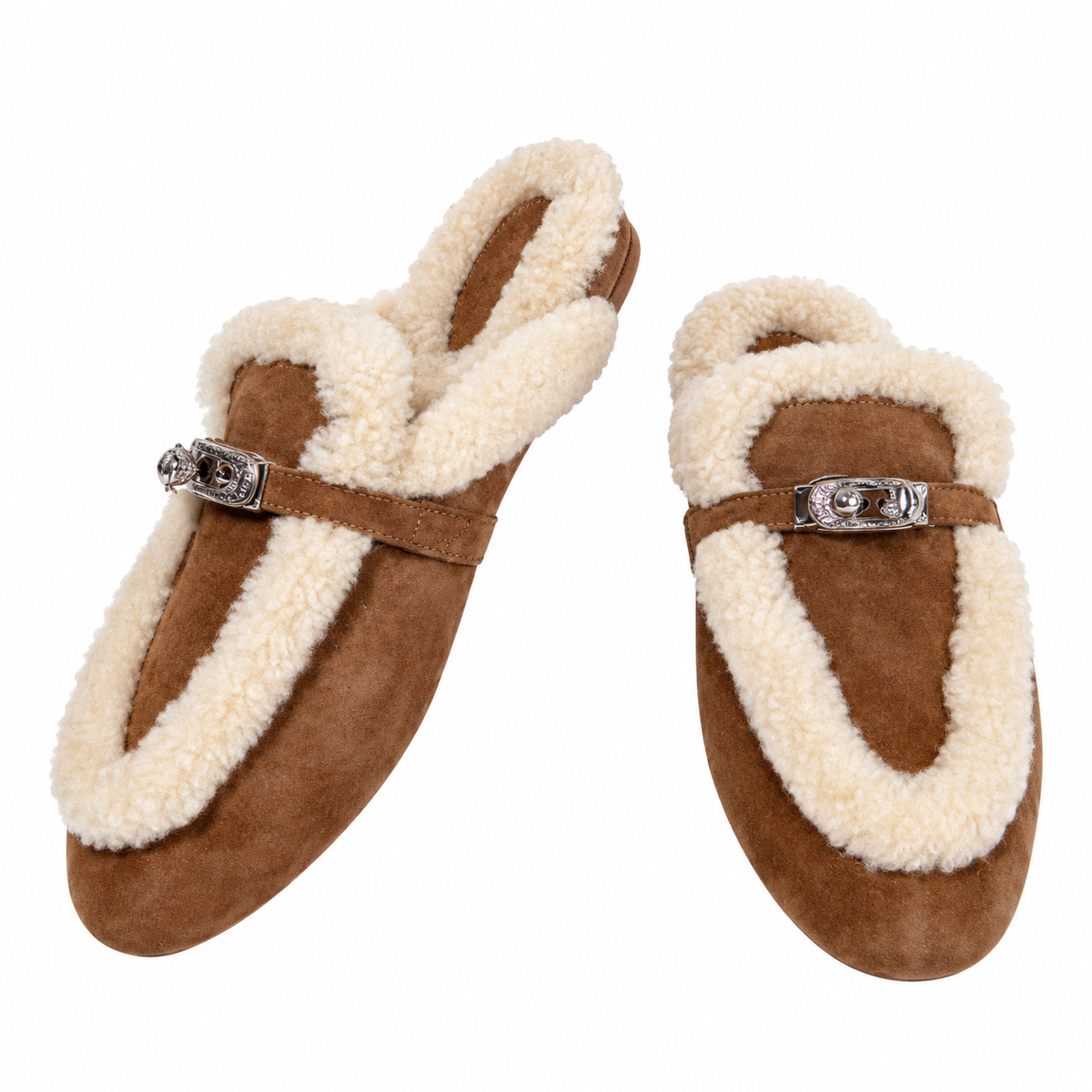 Hermès Tan Mules with Cream Plush Trim & Silver-Tone Hardware