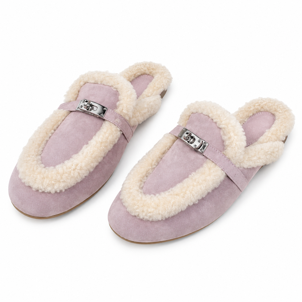 Hermès Pink Mules with Cream Plush Trim & Silver-Tone Hardware