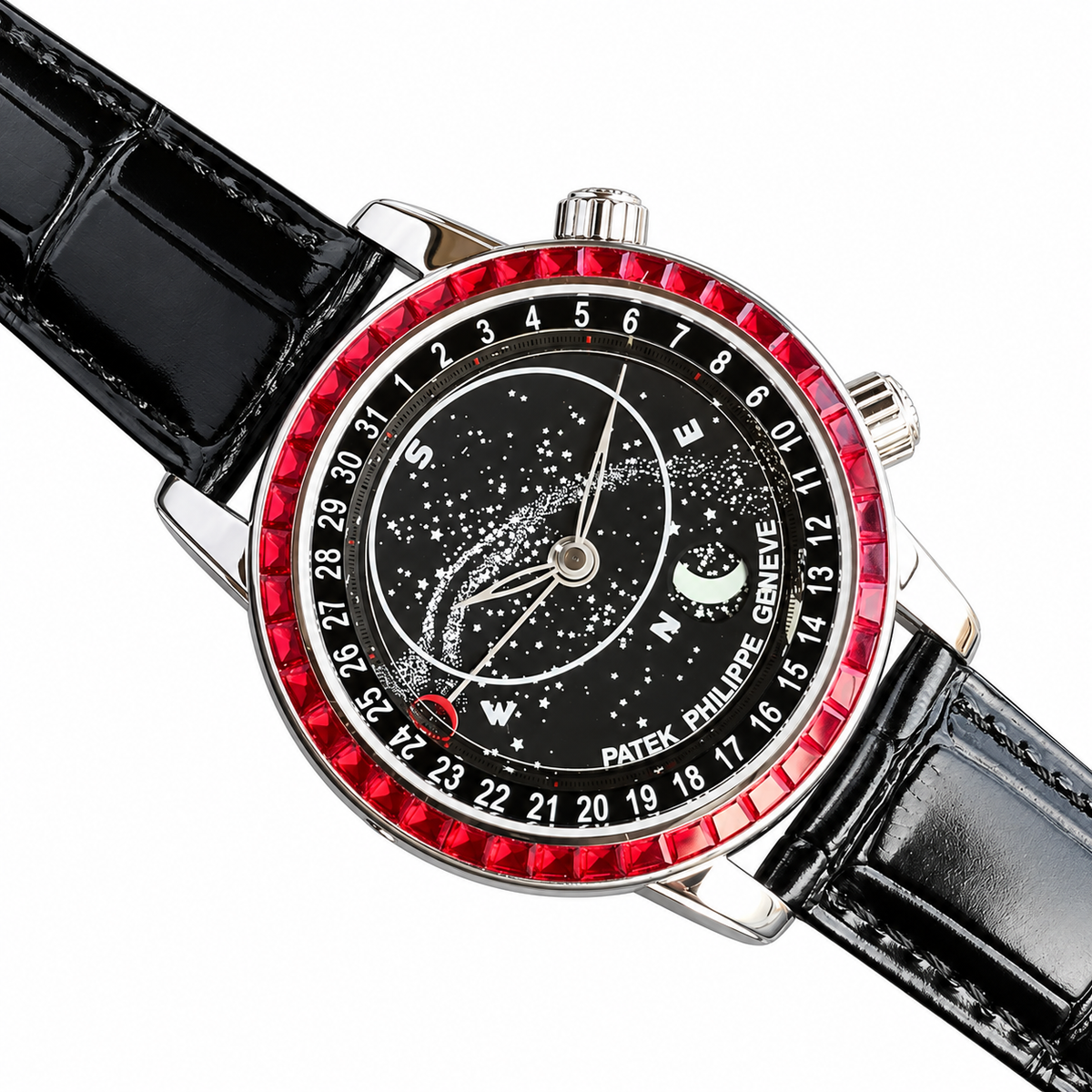 Patek Philippe Celestial White Gold Ruby Bezel Black Star Dial Moon Phase 44mm
