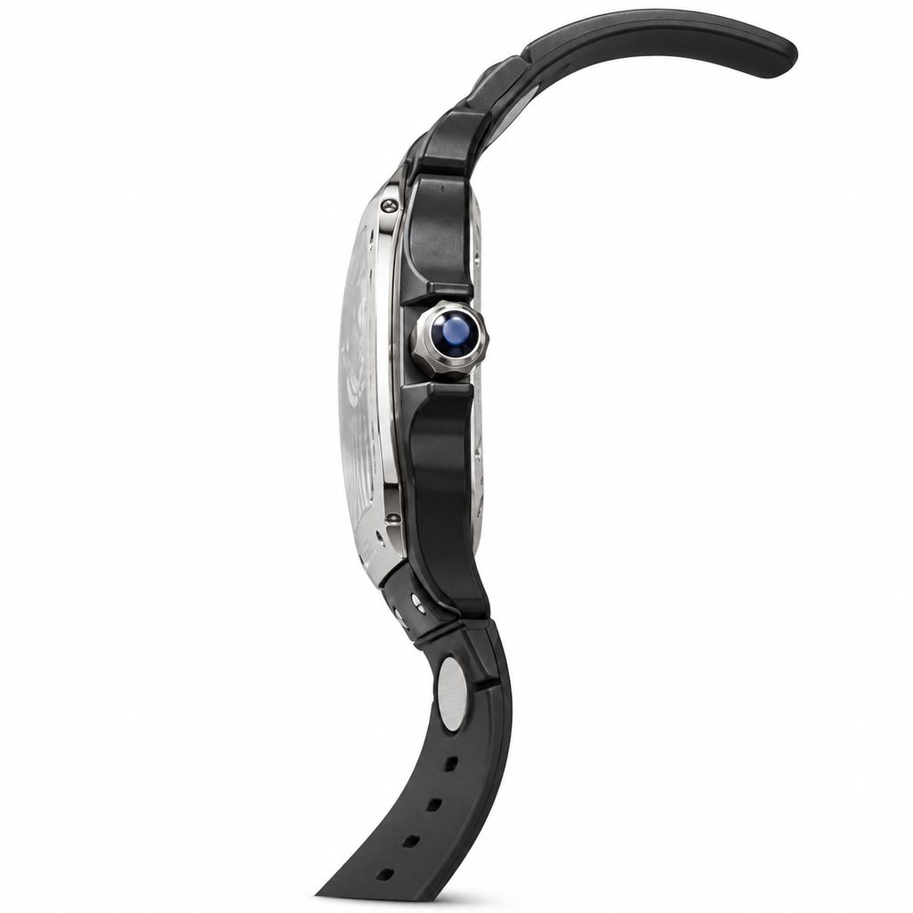Cartier Santos de Cartier Large Steel Black DLC Skeleton Silver Roman Numeral Black Rubber Strap Automatic Watch