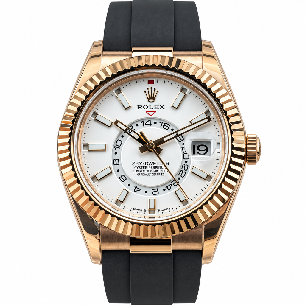 Rolex Sky-Dweller Rose Gold White Dial Oysterflex Watch