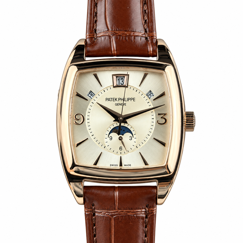 Patek Philippe Gondolo Cushion Rose Gold Annual Calendar Moon Phase Small Seconds Ivory Dial Brown Strap 34mm