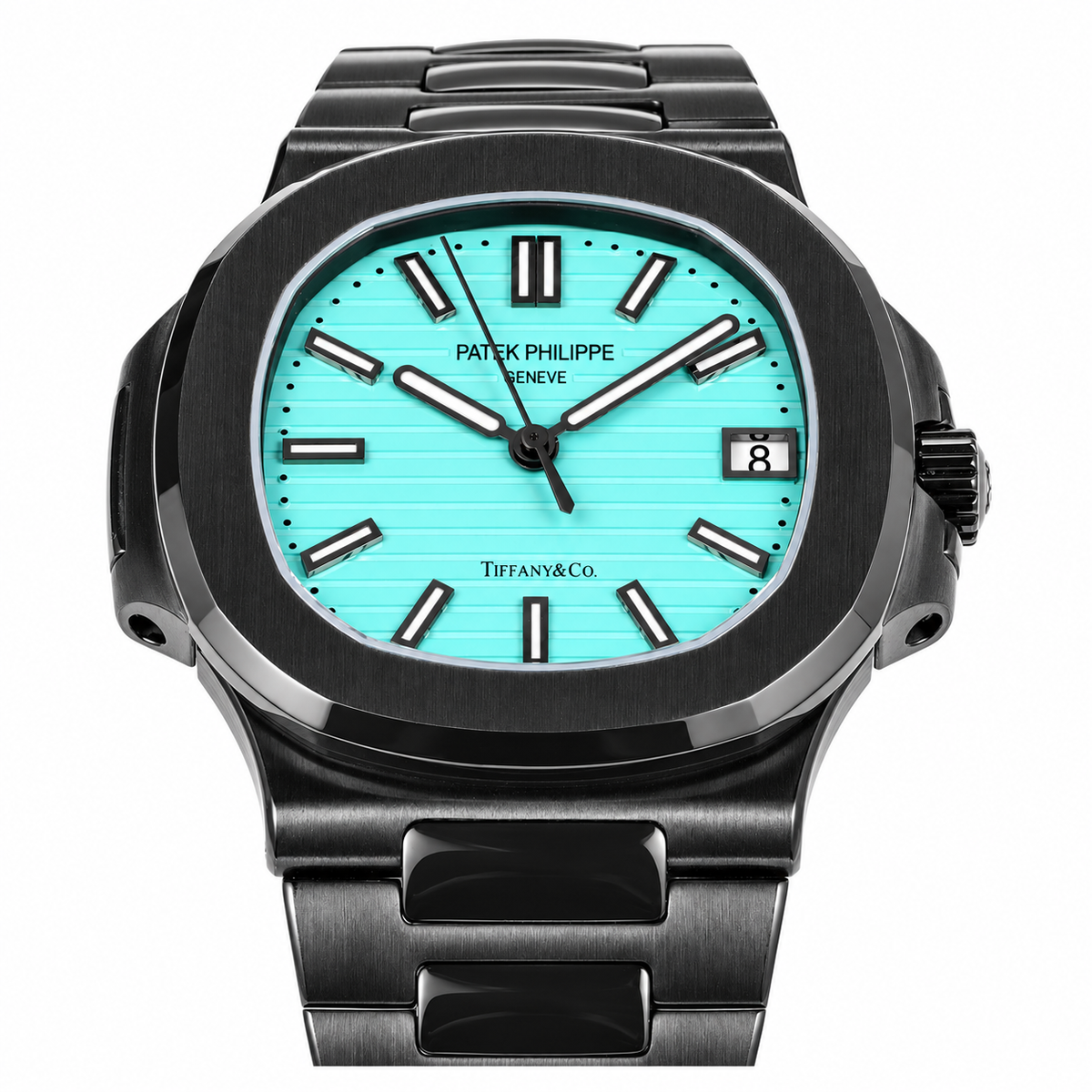 Patek Philippe Nautilus x Tiffany & Co. Custom DLC Black Tiffany Blue Dial Steel Bracelet Sapphire Caseback Date 40mm