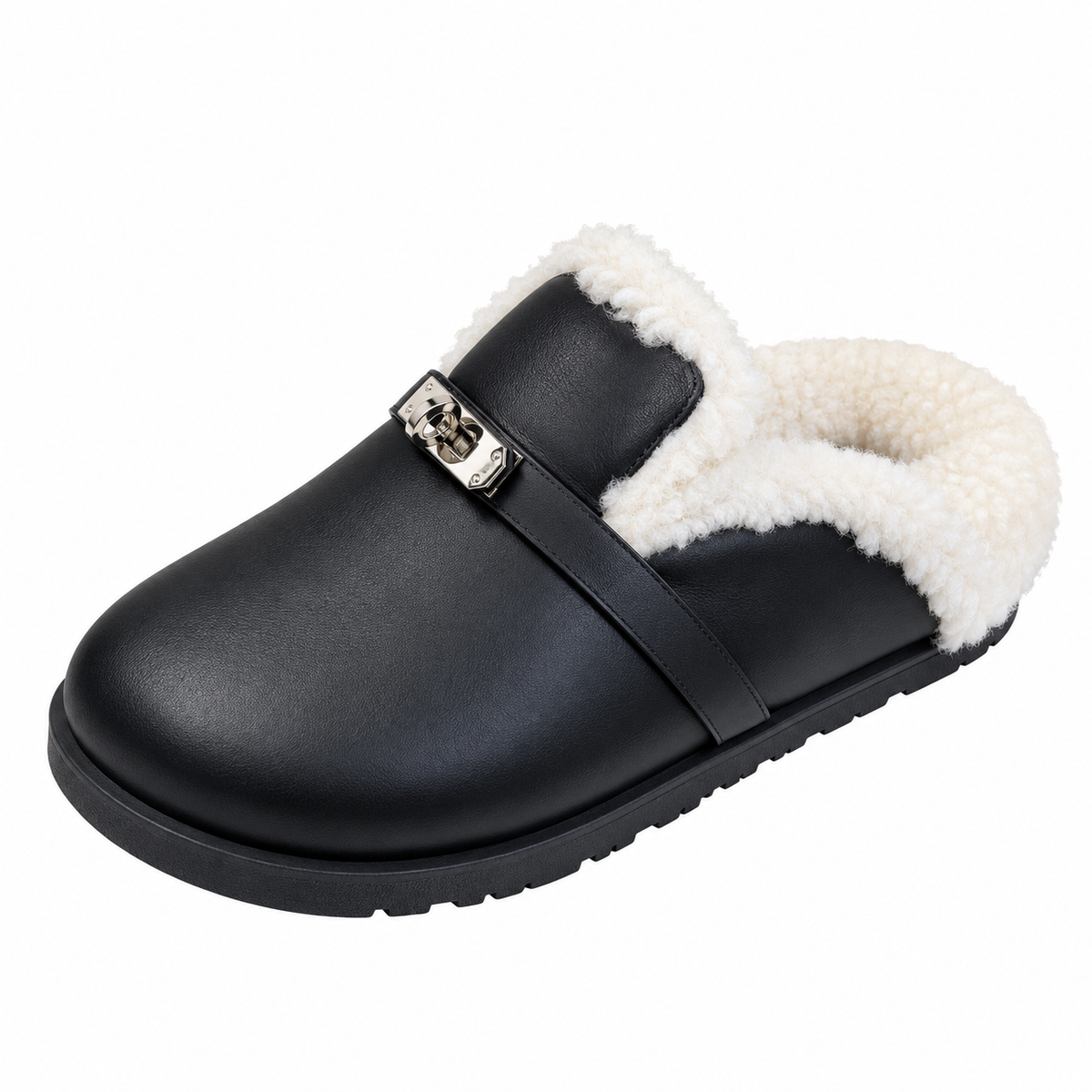 Hermès Black Mule Shoes with Cream Plush Trim