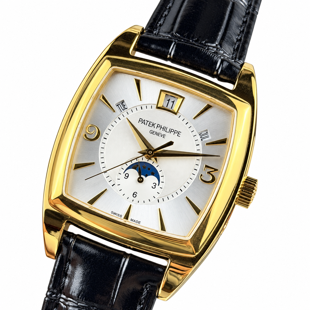 Patek Philippe Gondolo Cushion Yellow Gold Moon Phase Day Date Month Silver Dial Black Strap 34mm