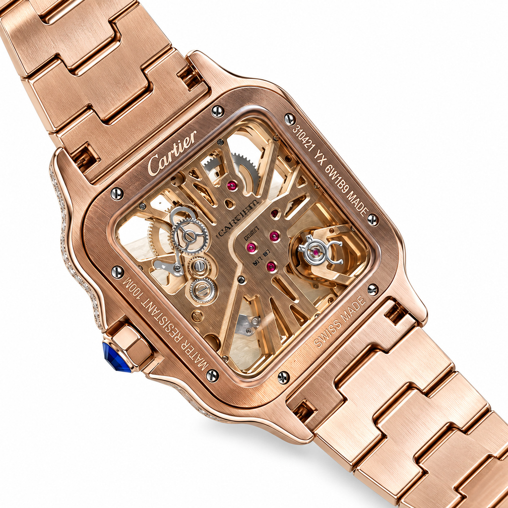 Cartier Santos de Cartier Iced Out Rose Gold Full Diamond Skeleton Dial Bracelet Watch