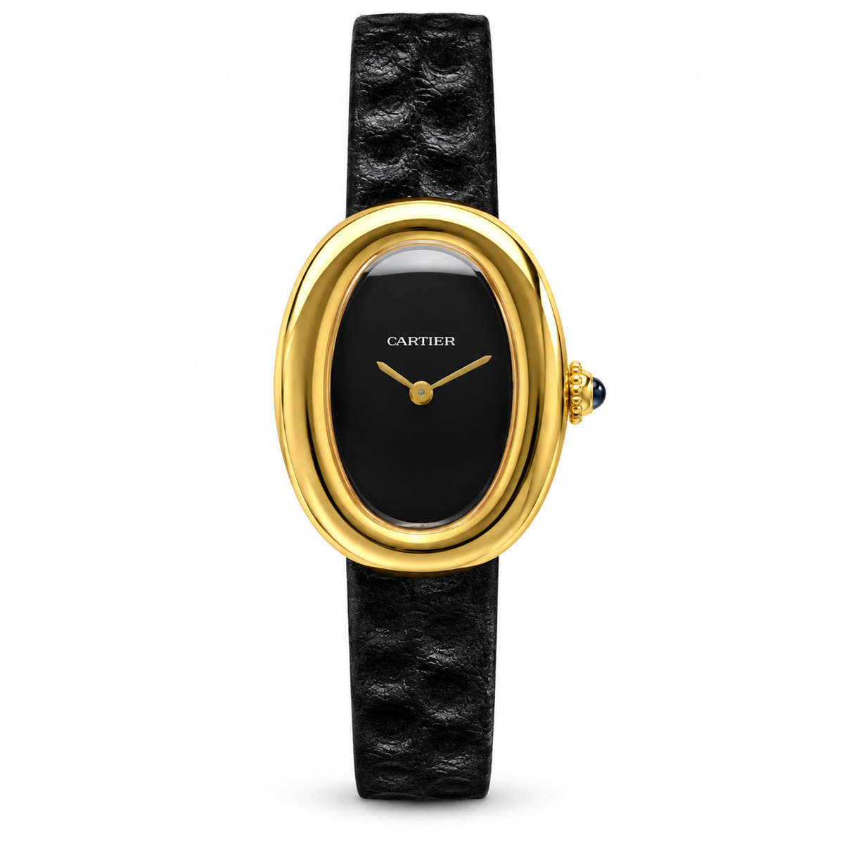 Cartier Baignoire Mini 18k Yellow Gold Black Dial Black Leather Strap Watch