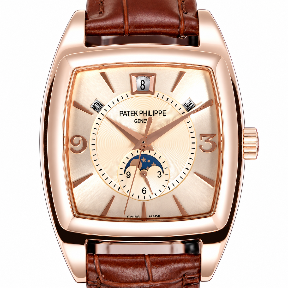 Patek Philippe Gondolo Cushion Rose Gold Moon Phase Small Seconds Date Month Ivory Dial Brown Strap 34mm