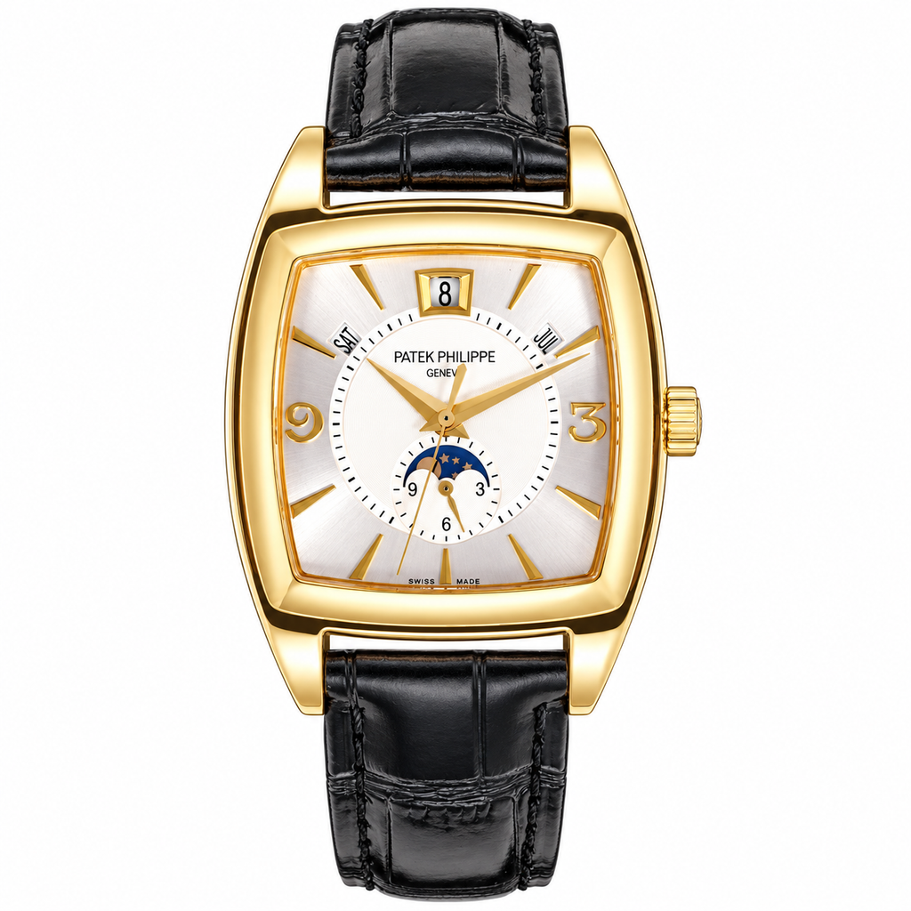 Patek Philippe Gondolo Tonneau Yellow Gold Moon Phase Day Date Month Silver Dial Black Strap 34mm