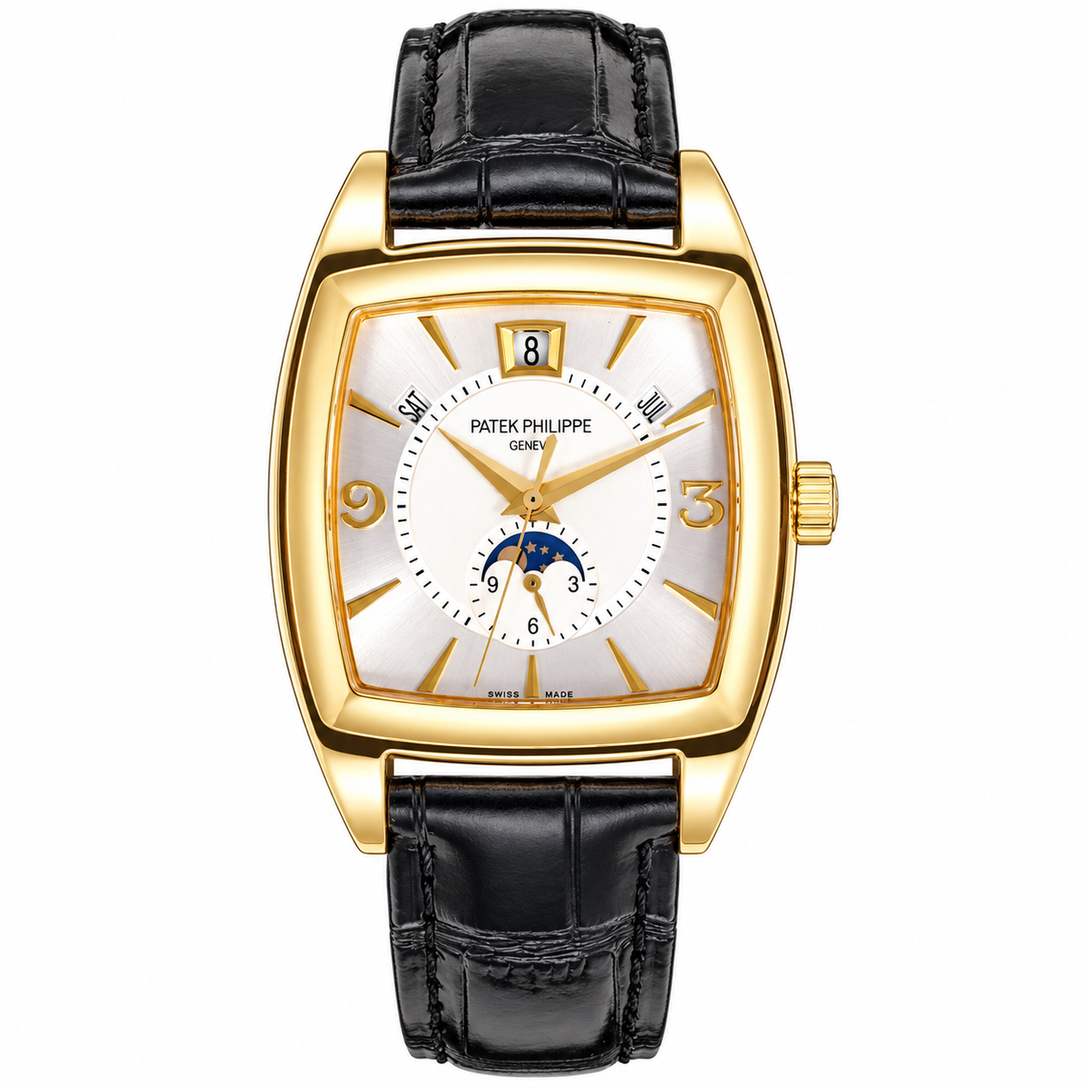 Patek Philippe Gondolo Tonneau Yellow Gold Moon Phase Day Date Month Silver Dial Black Strap 34mm