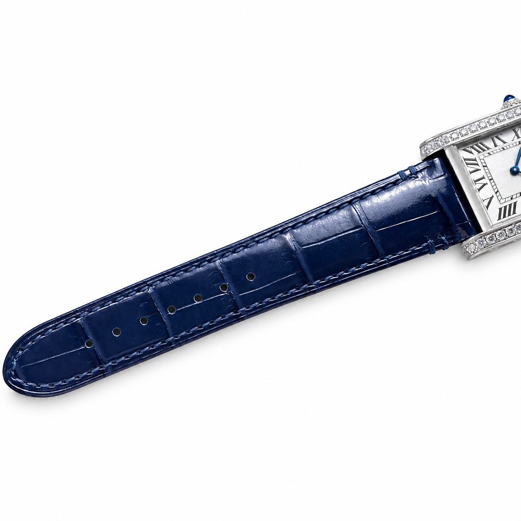Cartier Tank MC Large Stainless Steel Full Diamond Bezel White Dial Blue Alligator Strap Watch