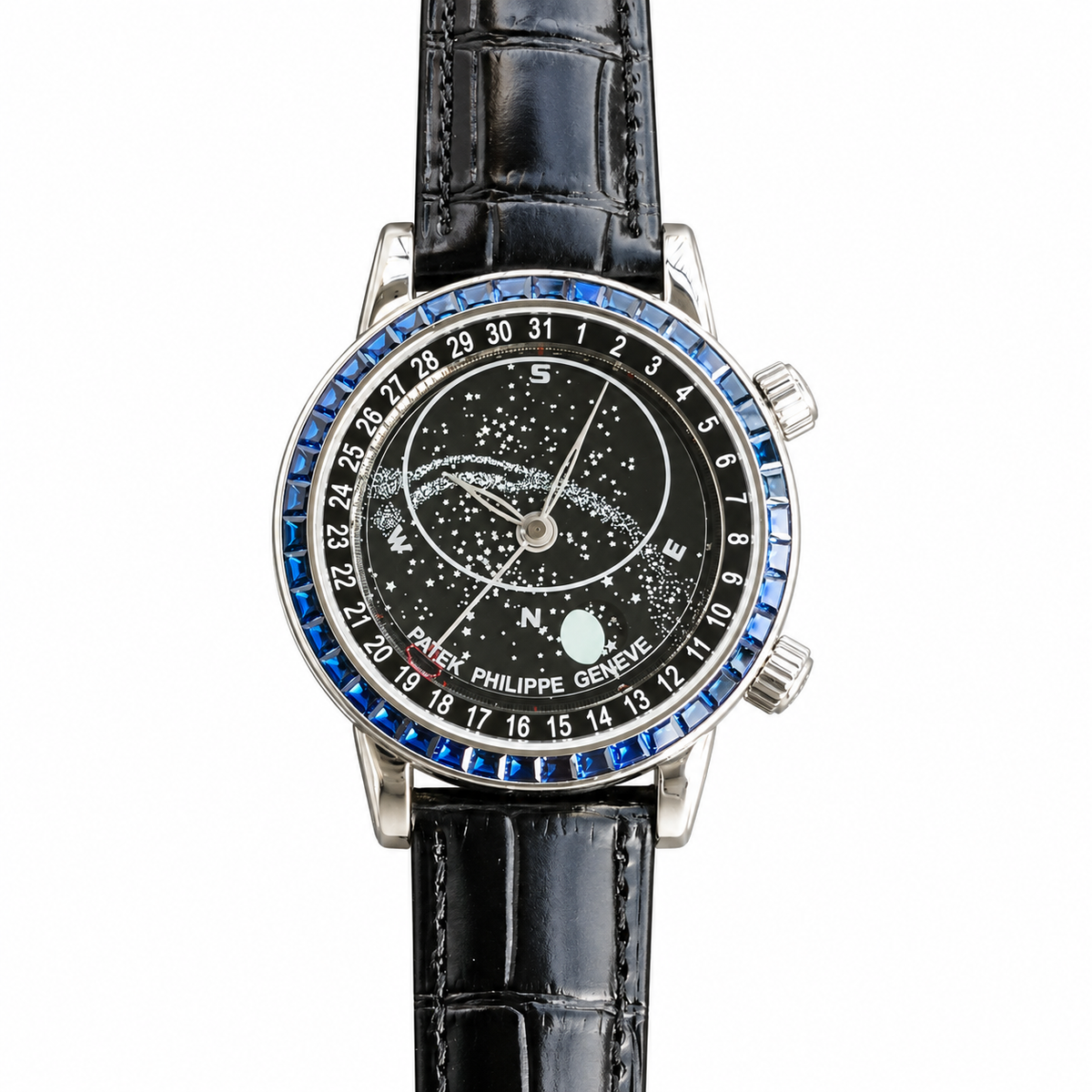 Patek Philippe Celestial White Gold Blue Sapphire Black Star Dial Moon Phase 44mm