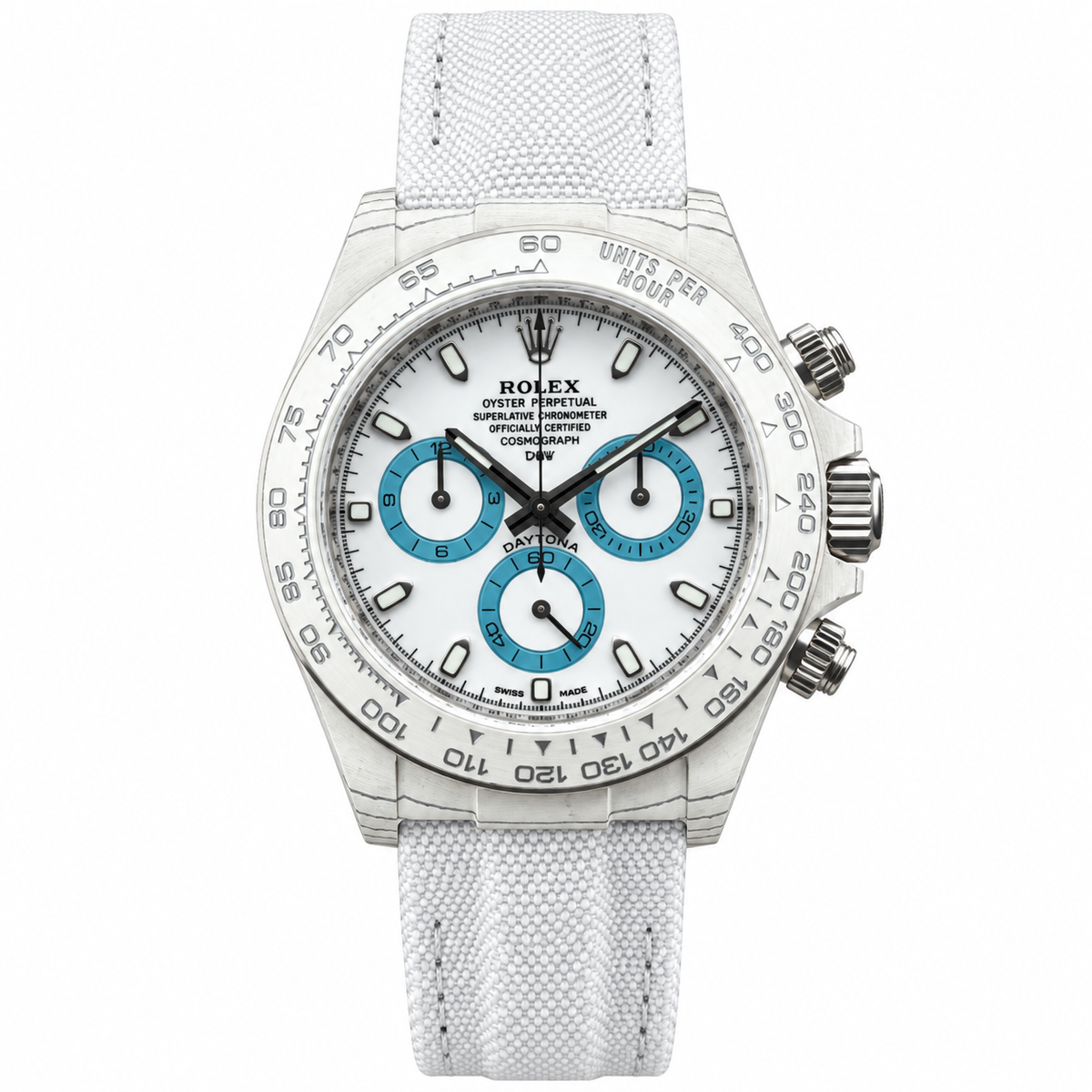 Rolex Daytona White Dial Blue Subdials Canvas Strap