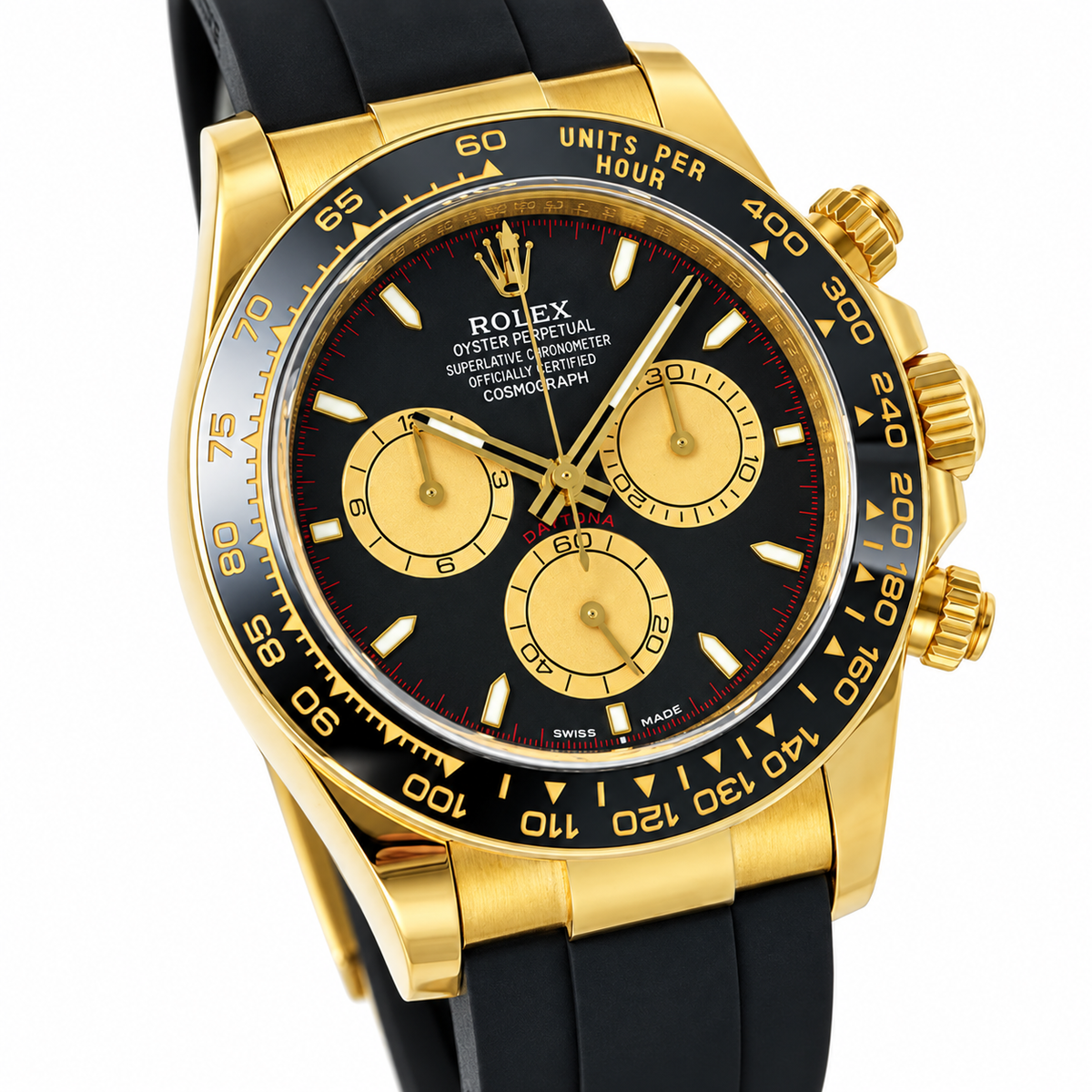 Rolex Cosmograph Daytona Yellow Gold Black Ceramic Bezel Black Dial Champagne Sub-dials Oysterflex Watch