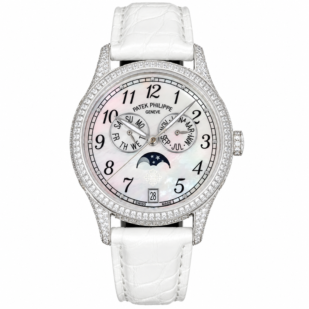 Patek Philippe Ladies White Gold Full Diamond Case Annual Calendar Moon Phase MOP Dial Arabic Numerals 38mm