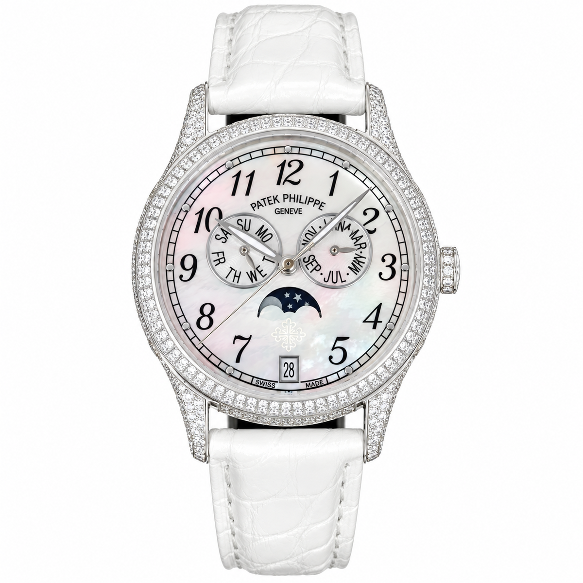 Patek Philippe Ladies White Gold Full Diamond Case Annual Calendar Moon Phase MOP Dial Arabic Numerals 38mm