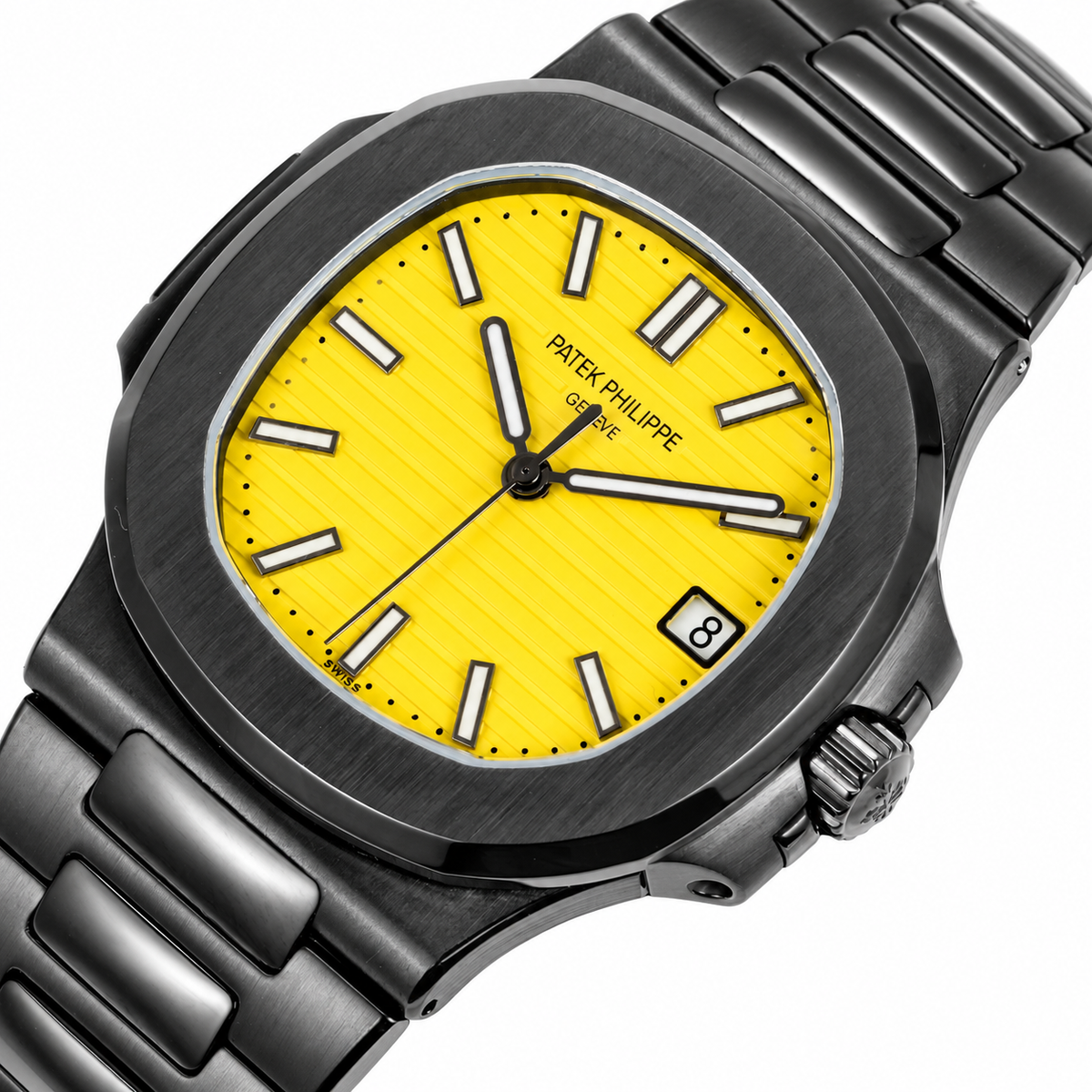 Patek Philippe Nautilus Custom DLC Black Yellow Dial Steel Bracelet Sapphire Caseback 40mm